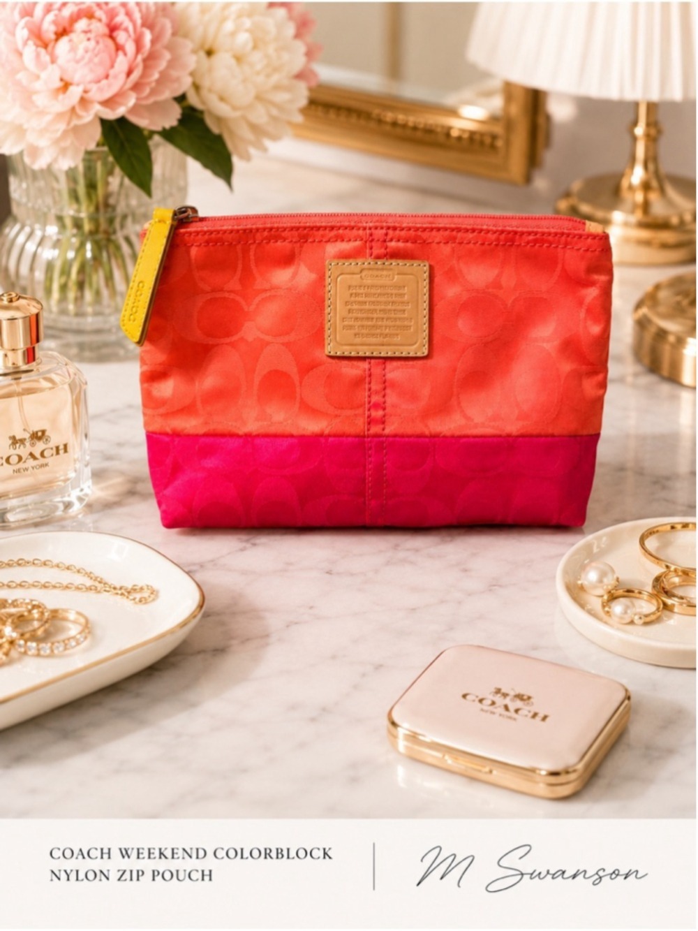 Coach Weekend Colorblock Nylon Zip Pouch Cosmetic Bag Coral Pink Orange NWOT